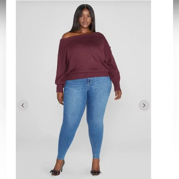 New Fashion to Figure Adrienne Off Shoulder Sweater button shoulder burgundy 0 - Picture 10 of 11
